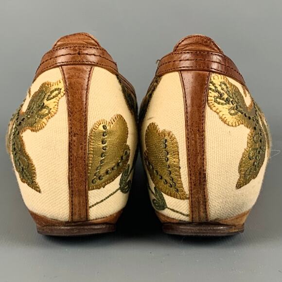 DRIES VAN NOTEN Size 7.5 Cream Gold Fabric Embroidered Leaves Wedge Flats - Picture 3 of 8